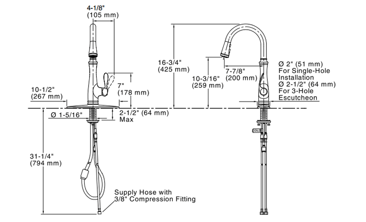 Kohler K-560-VS Bellera Pull Down Kitchen Faucet Dimensions