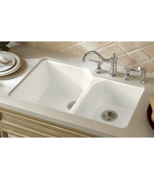 Kohler K-5931-4U-0 Executive Chef Cast Iron Double Bowl Undermount Kitchen Sink - White