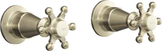 Kohler K-124-3-PB Antique 2-Handle Wall-Mount Valve Trim w/Six Prong Handles - Polished Brass (Pictured in Brushed Nickel)