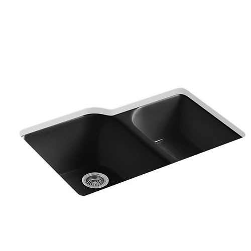 Kohler K-5931-4U-7 Executive Chef Under-mount Large/Medium Double Bowl Kitchen Sink with 4 Oversize Faucet Holes - Black