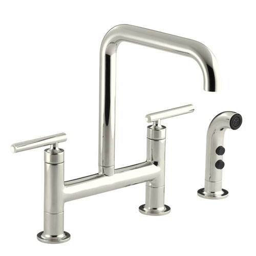 Kohler K-7548-4-SN Purist Deck-Mount Bridge Faucet with Sidespray - Polished Nickel