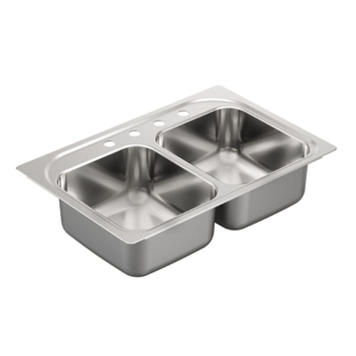 Moen G222134 2200 Series 22 Gauge 4 Hole Double Bowl Drop in Kitchen Sink - Stainless Steel